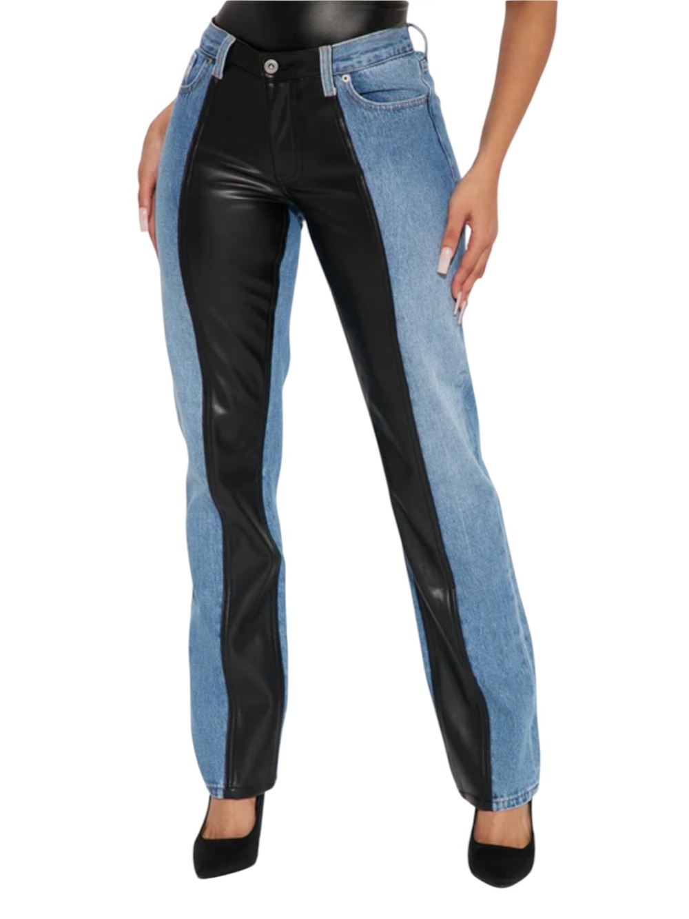 Franky faux leather/denim low rise straight